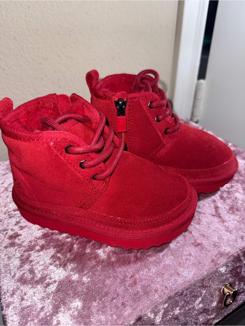 UGG Kids Red Suede Lace-Up Zip Booties